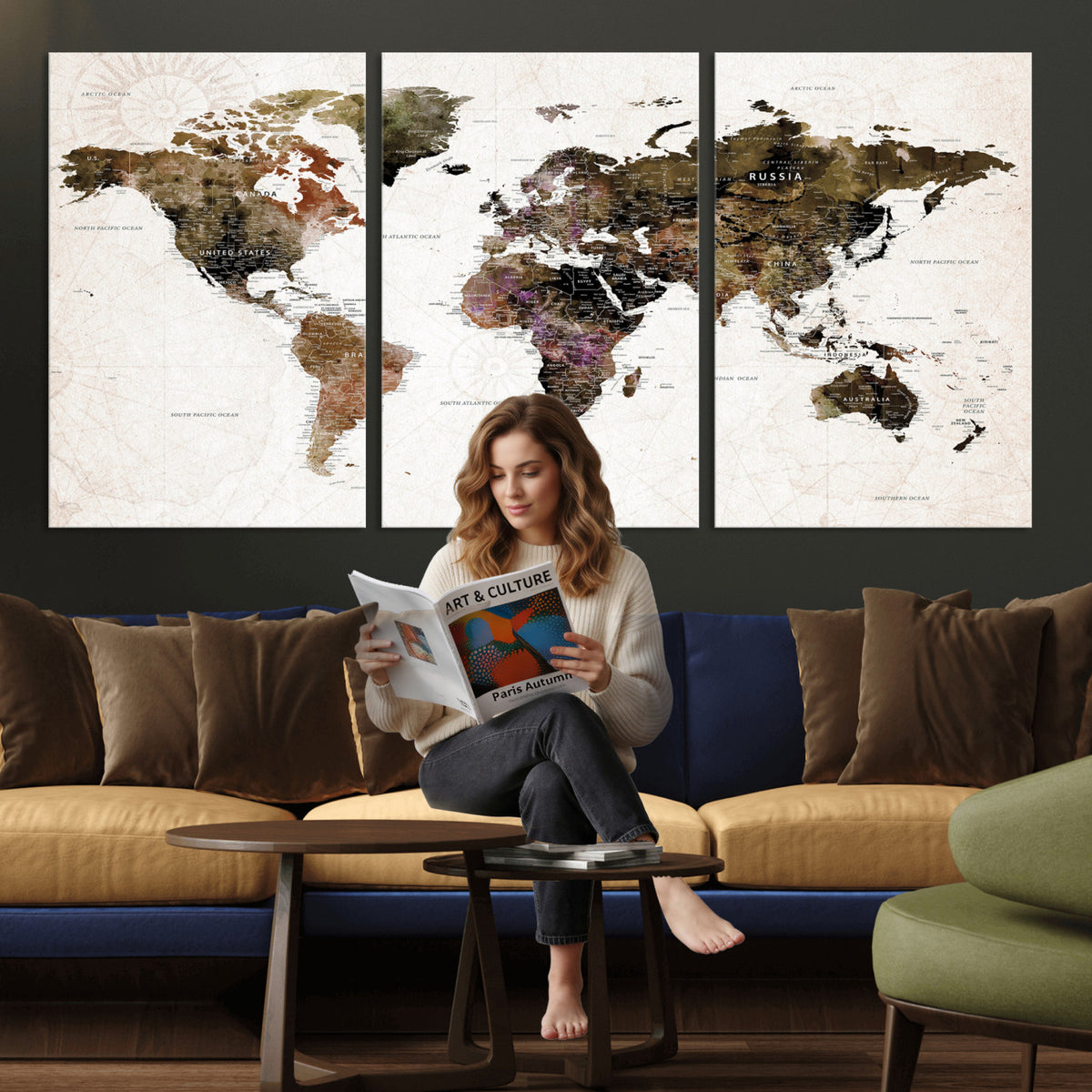 77651968-MGV-CV-36X24 - Watercolor World Map Print - Large Wall Art Canvas Print for