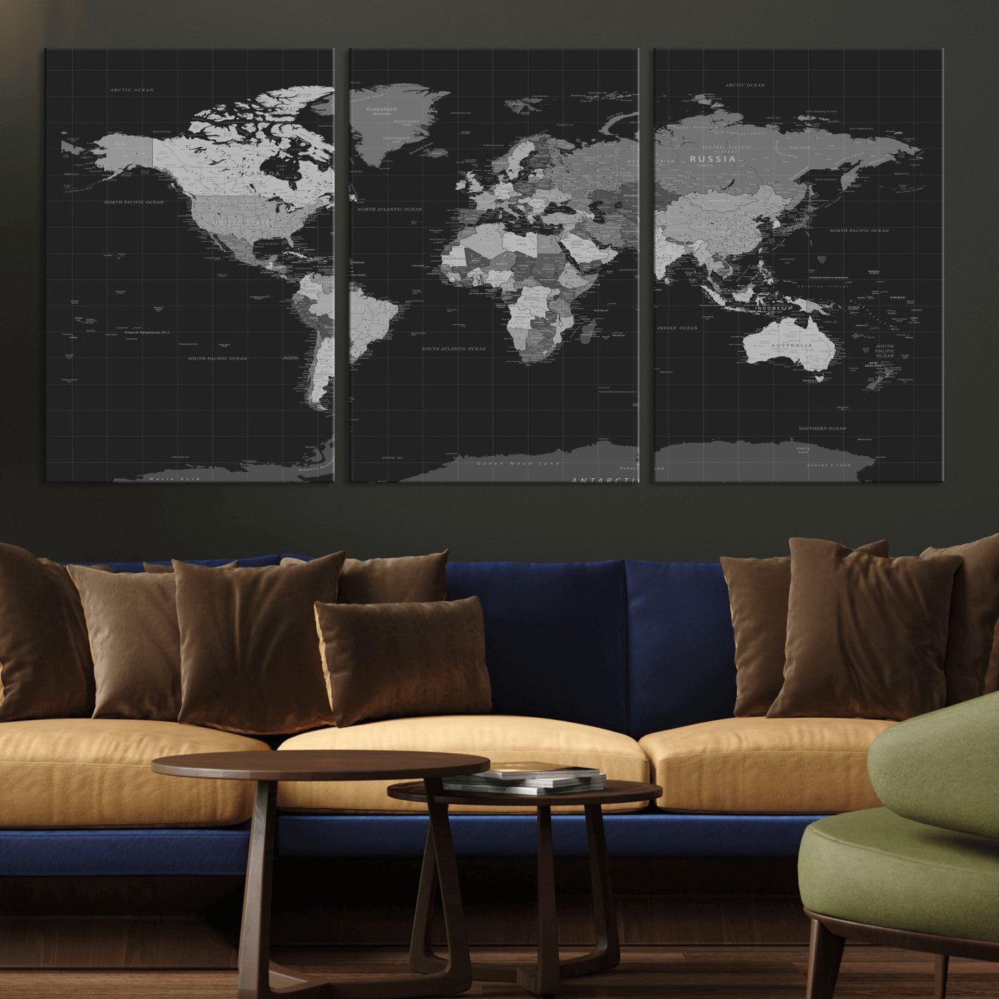 46160121-MGV-CV-36X24 - World Map Wall Art Canvas Print, Modern Decorative Framed Map Artwork Prints for Living Room, Office, Bedroom Wall Decor