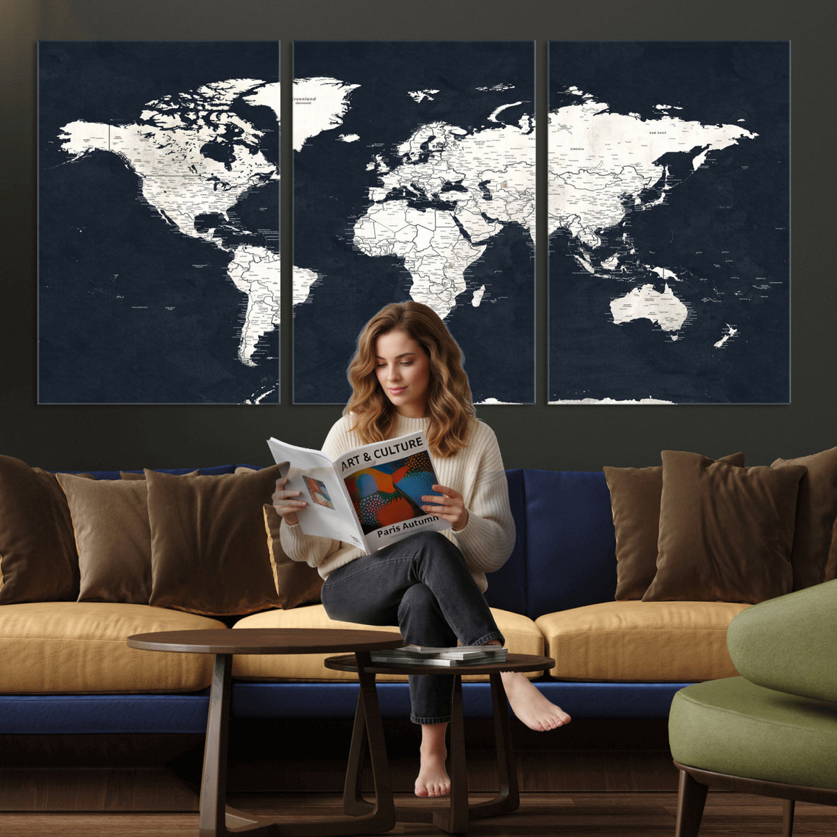 11963807-MGV-CV-36X24 - Black World Map Wall Art Canvas Print for Home Office and Meeting Room Decor