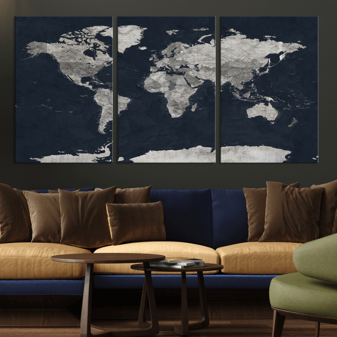 53886659-MGV-CV-36X24 - World Map Wall Art Canvas Print, Modern Decorative Framed Map Artwork Prints for Living Room, Office, Bedroom Wall Decor