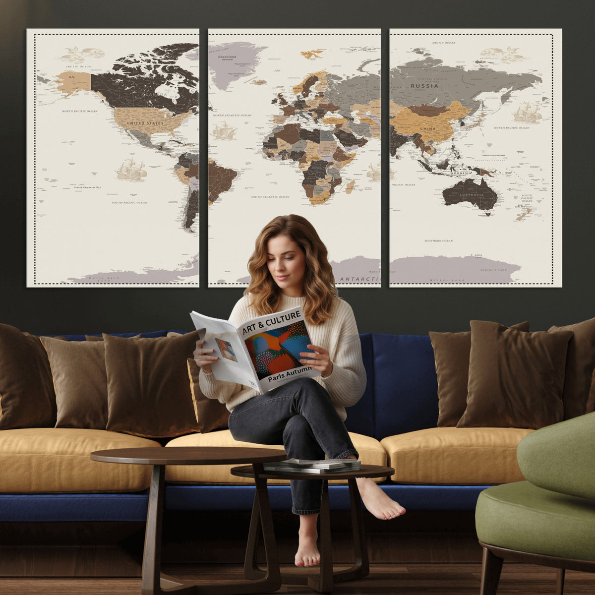 58777746-MGV-CV-36X24 - Custom Beige Modern Push Pin World Map Canvas Print, Places Visited Tracker, Bedroom and Study Decor