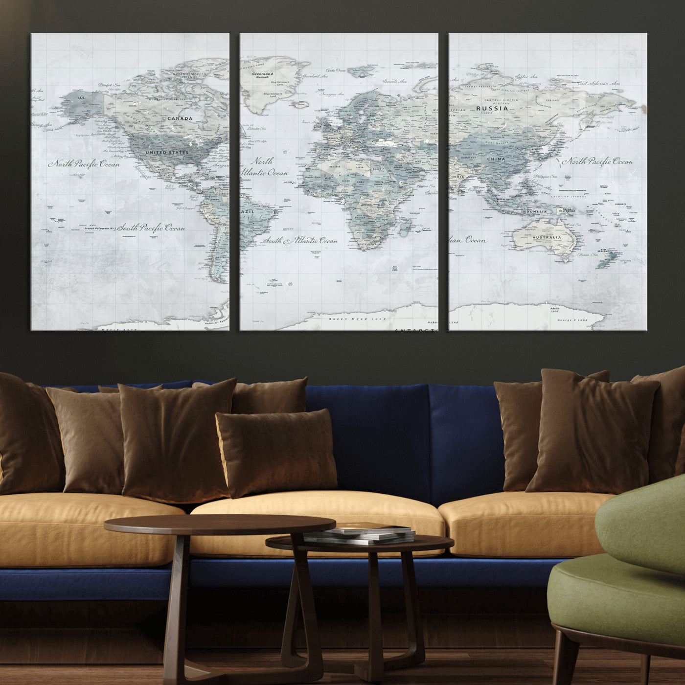 71091917-MGV-CV-36X24 - World Map Wall Art Canvas Print, Modern Decorative Framed Map Artwork Prints for Living Room, Office, Bedroom Wall Decor