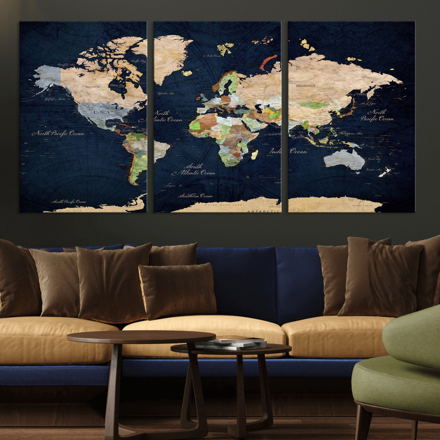 76603563-MGV-CV-36X24 - World Map Wall Art Canvas Print, Modern Decorative Framed Map Artwork Prints for Living Room, Office, Bedroom Wall Decor