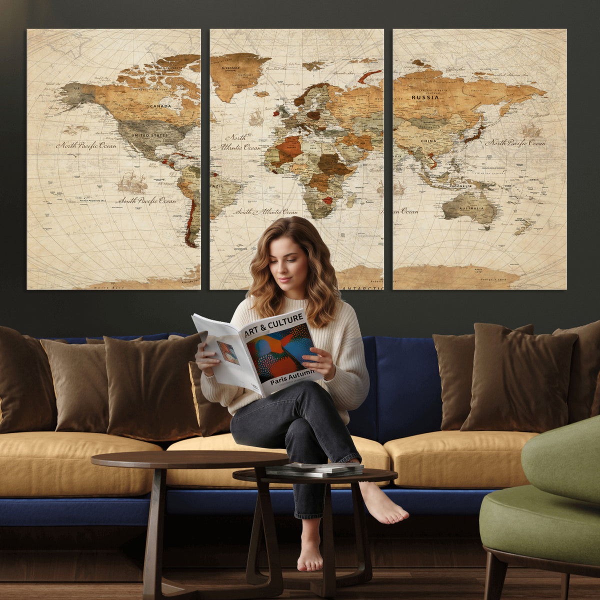 29684537-MGV-CV-36X24 - Vintage World Map Canvas Print, Framed Rustic Detailed Map of the World, Explorer Decor