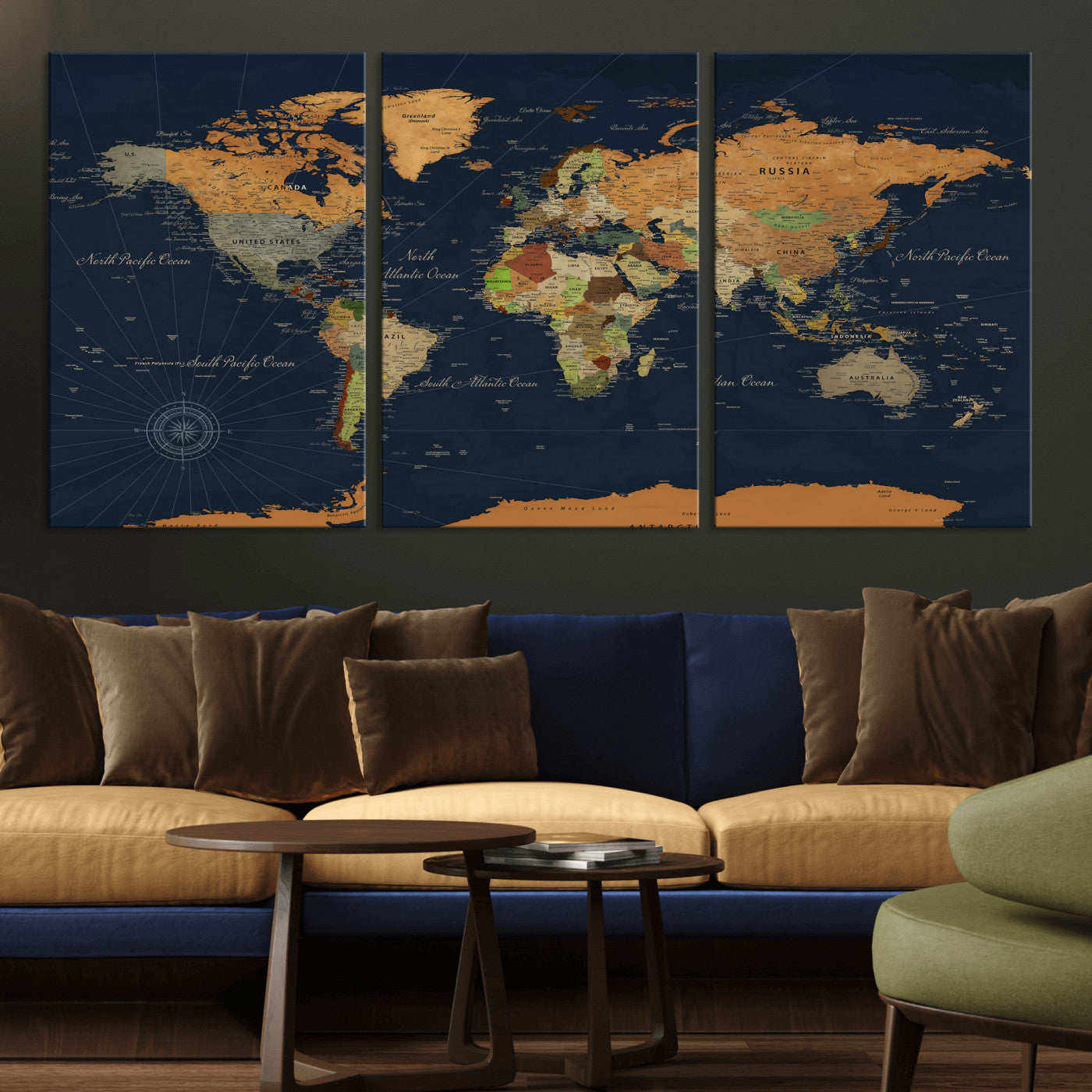 11715182-MGV-CV-36X24 - World Map Wall Art Canvas Print, Modern Decorative Framed Map Artwork Prints for Living Room, Office, Bedroom Wall Decor