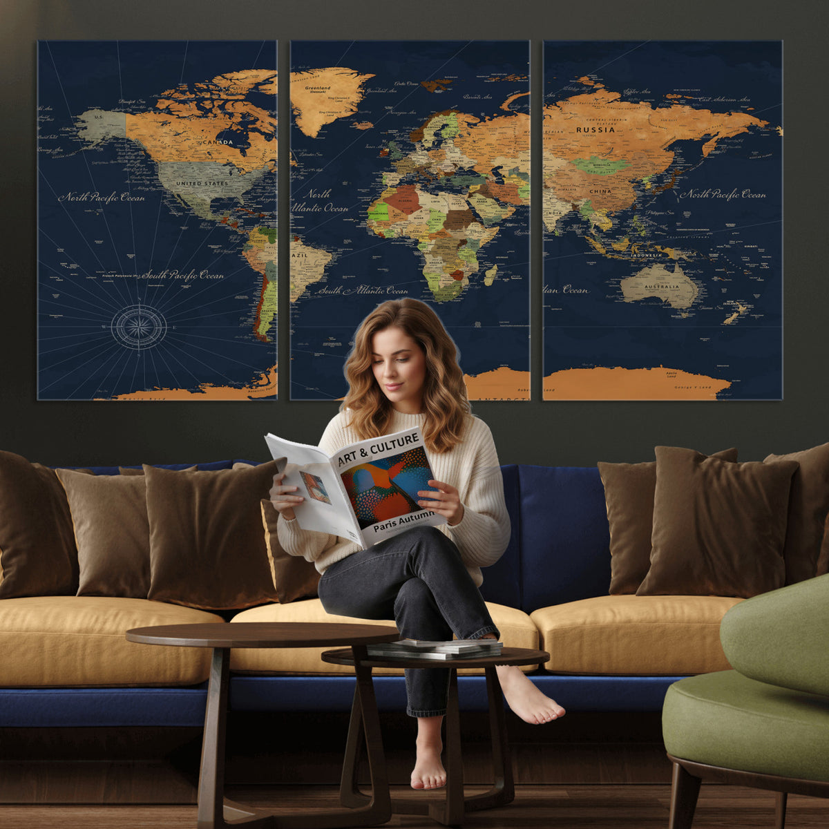11715182-MGV-CV-36X24 - Modern World Map Canvas Print, Framed Detailed Map of the World Wall Art