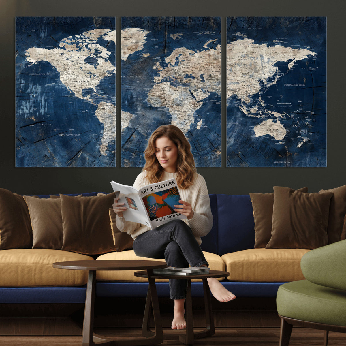 56126010-MGV-CV-36X24 - Large Blue World Map Wall Art Canvas Print for Home Office