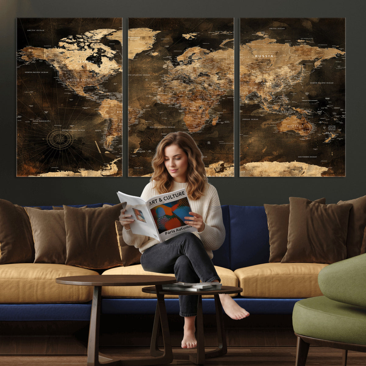 97742922-MGV-CV-36X24 - World Map Canvas Print, Modern Decorative Framed Map Artwork