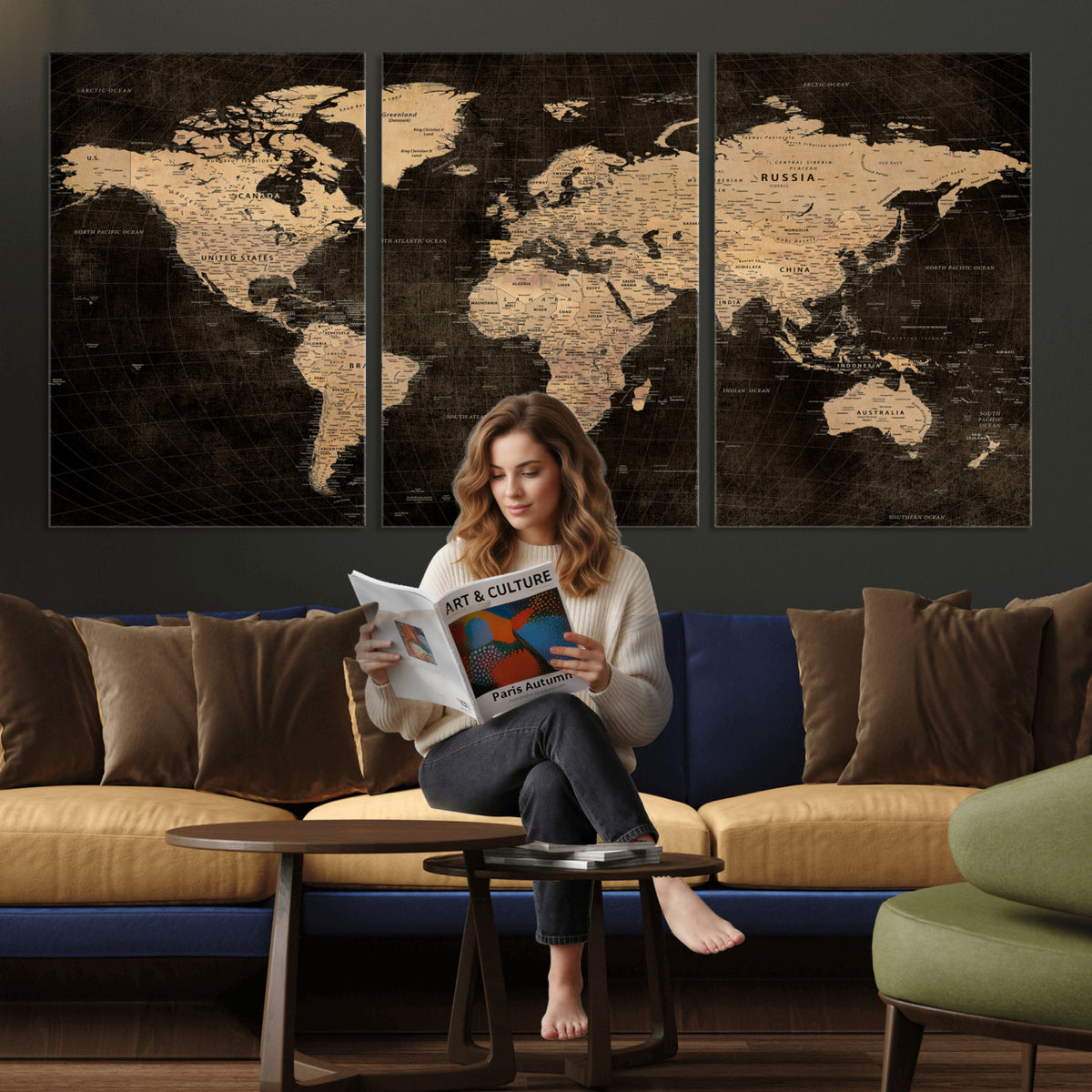 15118265-MGV-CV-36X24 - Brown World Map Canvas Print | Modern Travel Map Wall Art