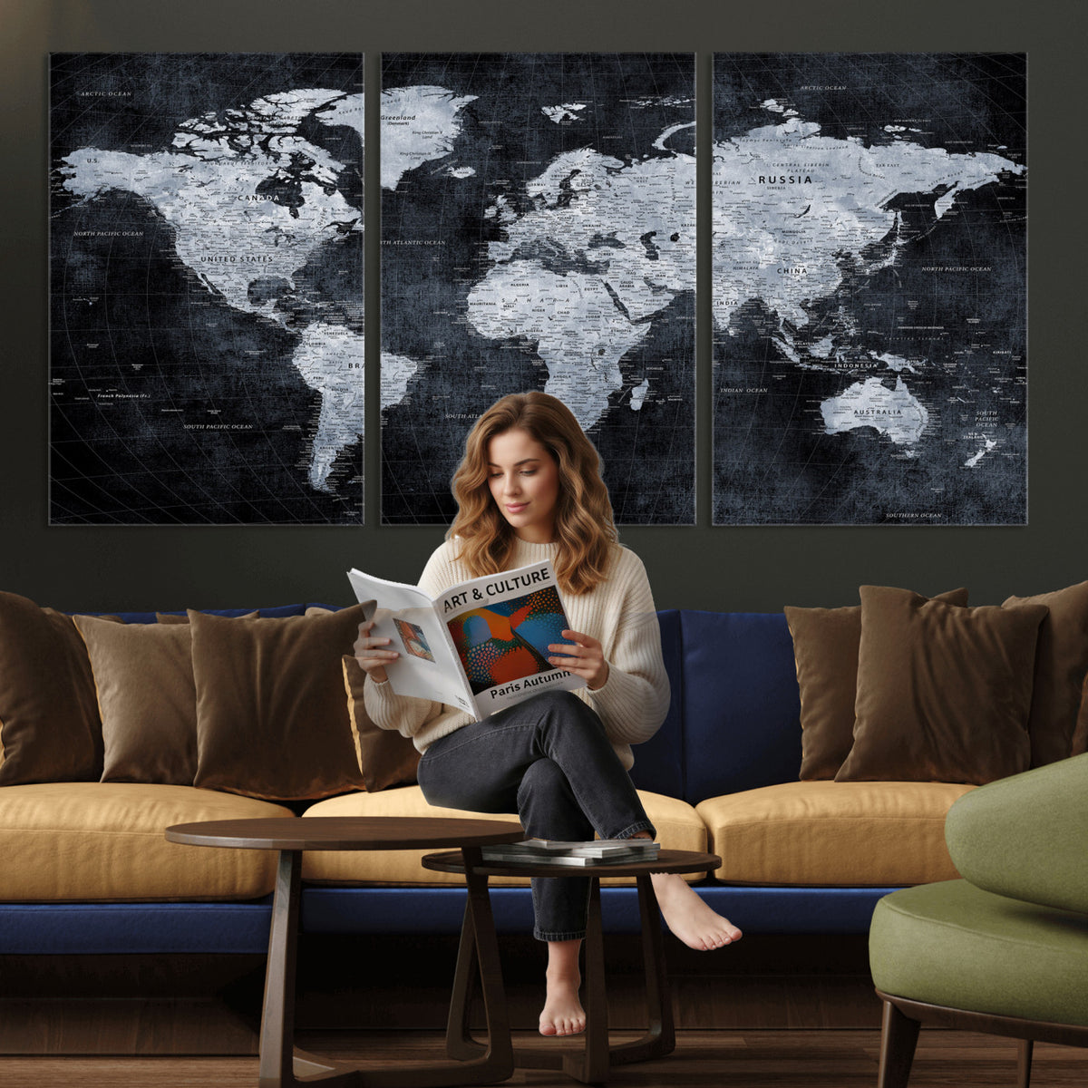86893704-MGV-CV-36X24 - Black World Map Canvas Print | Detailed Map for Couples and Anniversary Gift