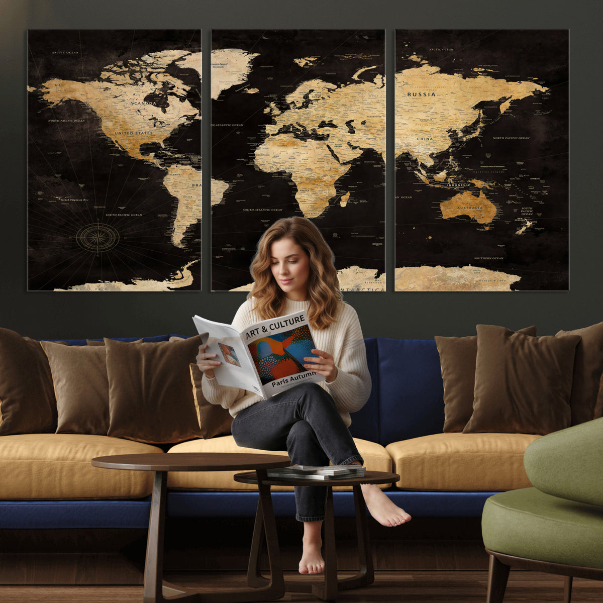 70468159-MGV-CV-36X24 - Extra Large World Map Canvas Print – Detailed Map Classic