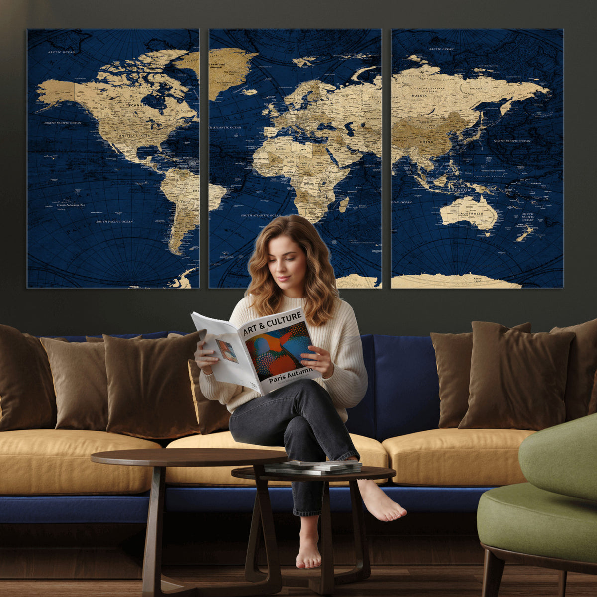 54770746-MGV-CV-36X24 - Navy Blue World Map Canvas Print – Detailed Map Minimal Navy