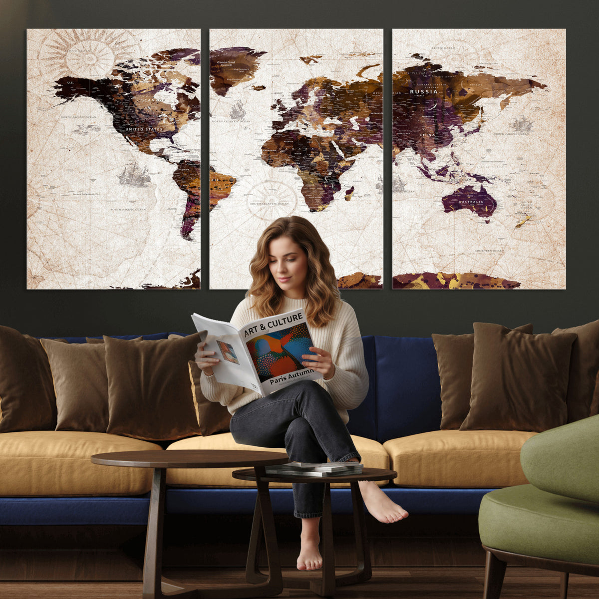53400857-MGV-CV-36X24 - Blue Watercolor World Map Canvas Print – Framed Modern Wall