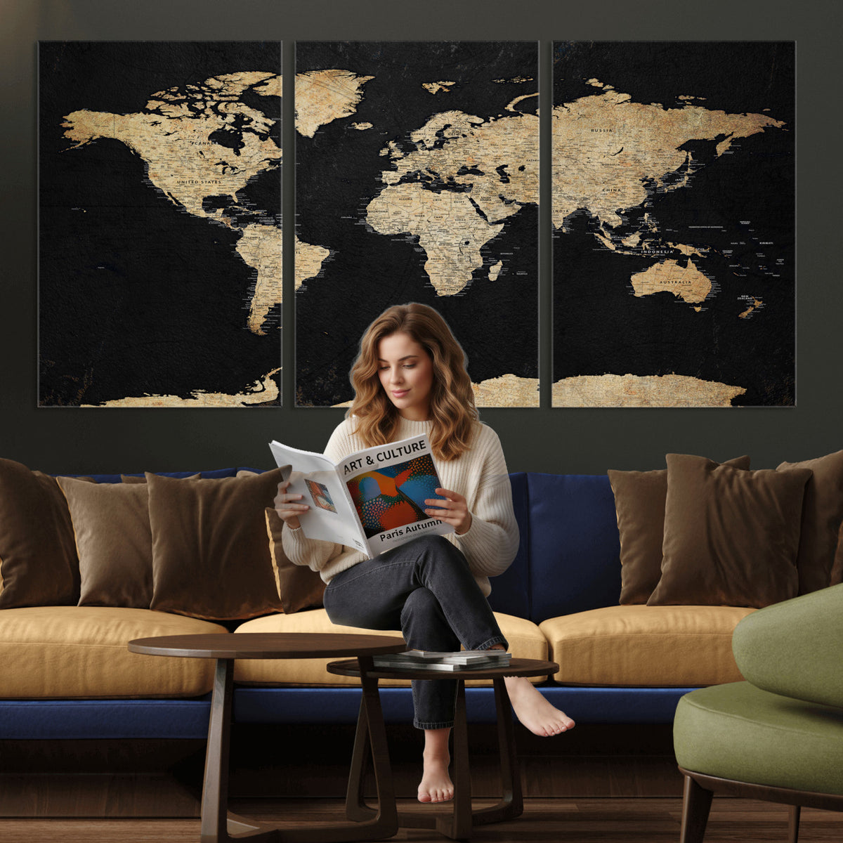 71518849-MGV-CV-36X24 - Beige World Map Canvas Wall Art Print, Minimal Black and