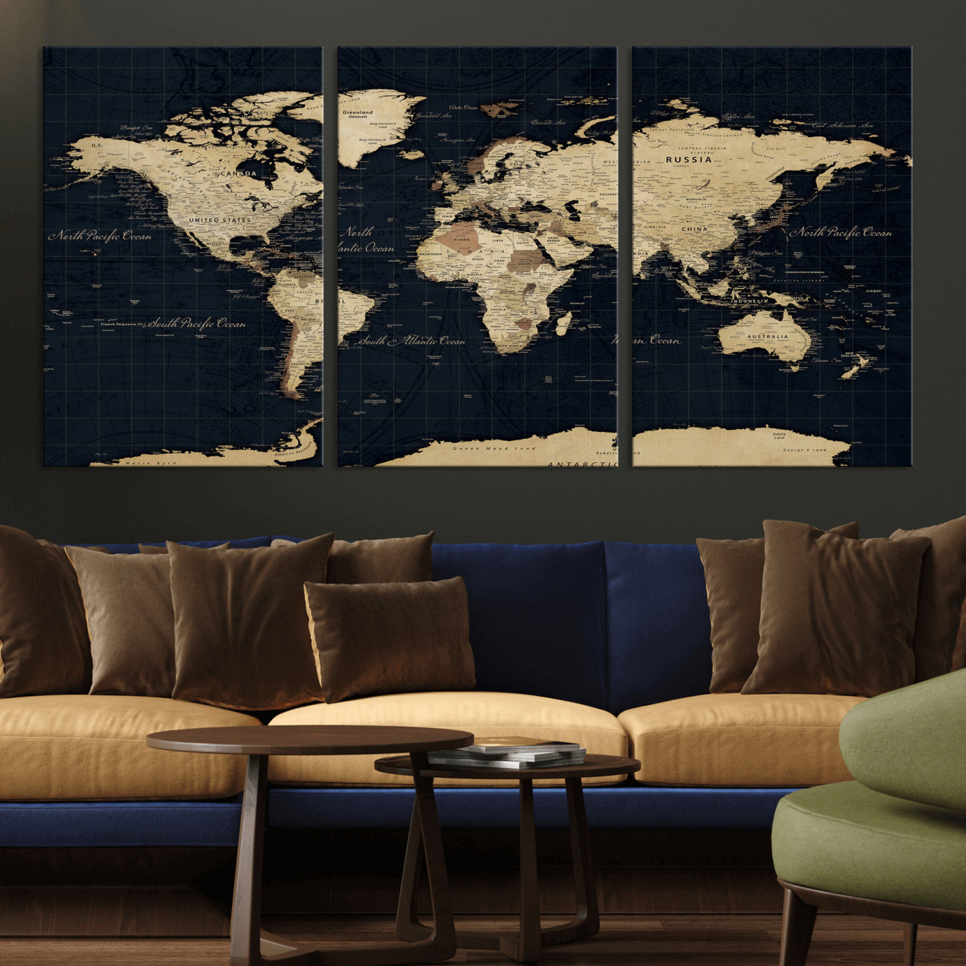 45063434-MGV-CV-36X24 - World Map Wall Art Canvas Print, Modern Decorative Framed Map Artwork Prints for Living Room, Office, Bedroom Wall Decor