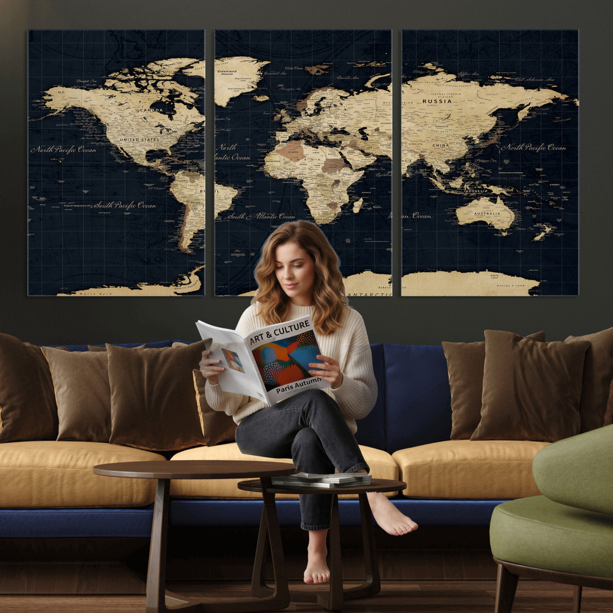 45063434-MGV-CV-36X24 - Dark World Map Canvas Wall Art Print, Minimal Black and Gold Map