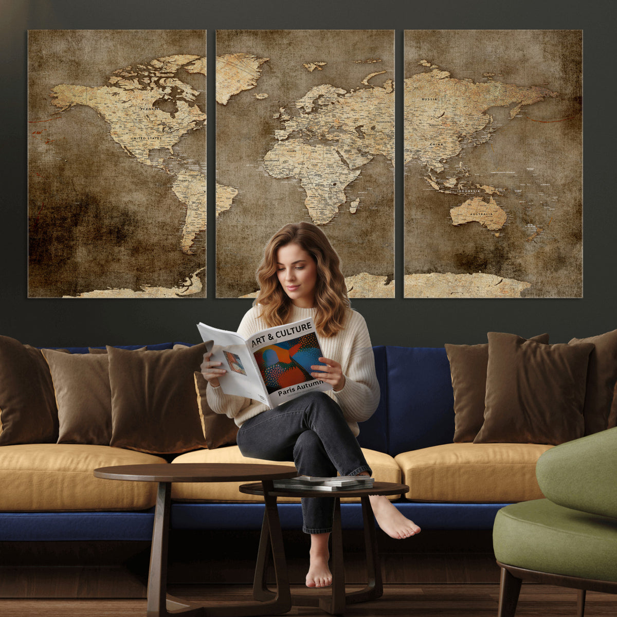 35847542-MGV-CV-36X24 - Dark Vintage World Map Canvas Wall Art Print, Antique Map
