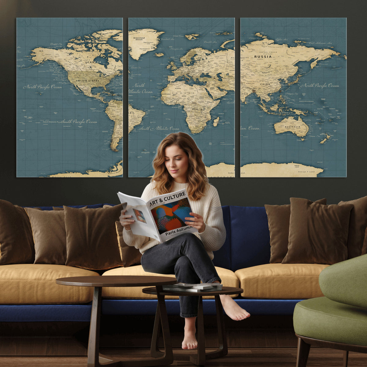 99599383-MGV-CV-36X24 - Minimal Vintage World Map Canvas Wall Art Print, Neutral