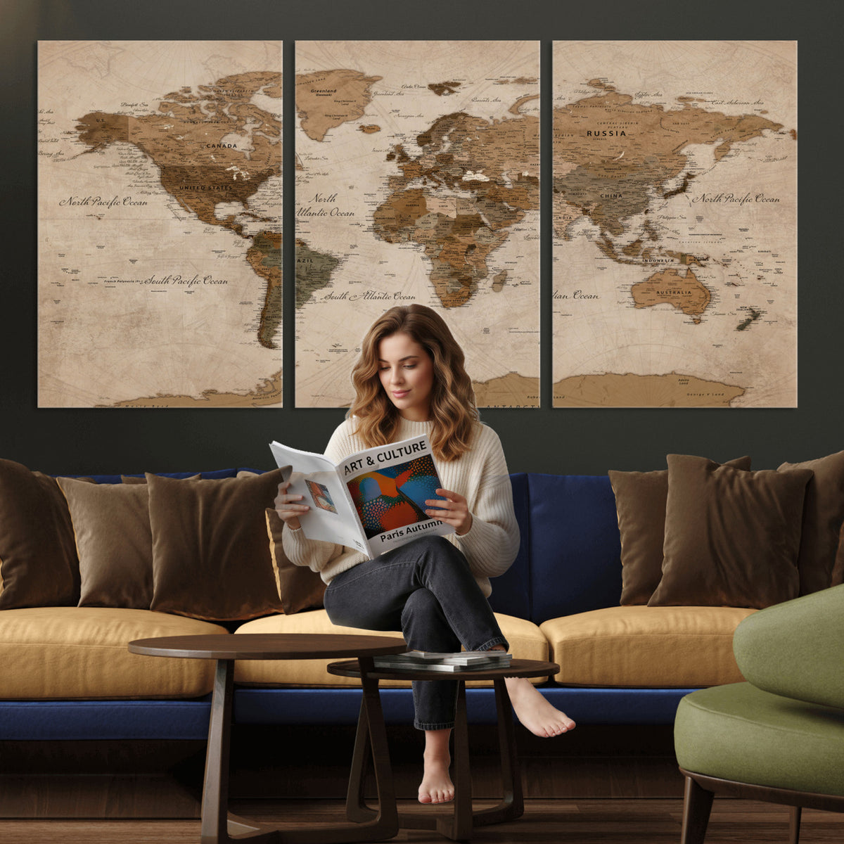 40064188-MGV-CV-36X24 - World Map Wall Art Canvas Print, Modern Decorative Framed Map Artwork Prints for Living Room, Office, Bedroom Wall Decor