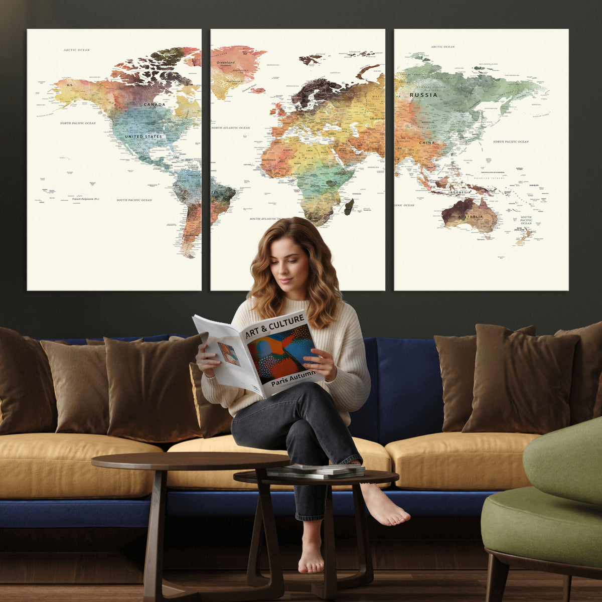 64206059-MGV-CV-36X24 - Framed World Map Wall Art Canvas Print for Living Room and Study Room