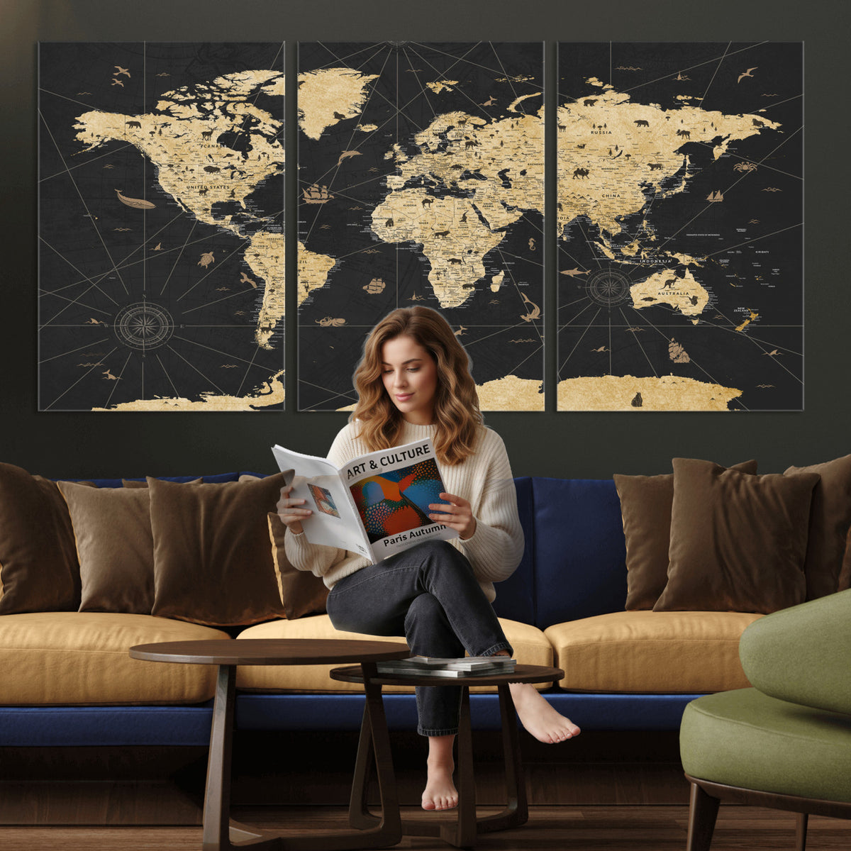 80270976-MGV-CV-36X24 - World Map Wall Art Canvas Print, Modern Decorative Framed Map Artwork Prints for Living Room, Office, Bedroom Wall Decor