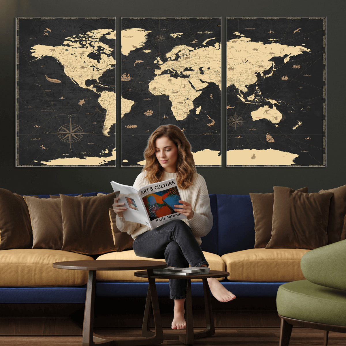 75220264-MGV-CV-36X24 - World Map Wall Art Canvas Print, Modern Decorative Framed Map Artwork Prints for Living Room, Office, Bedroom Wall Decor