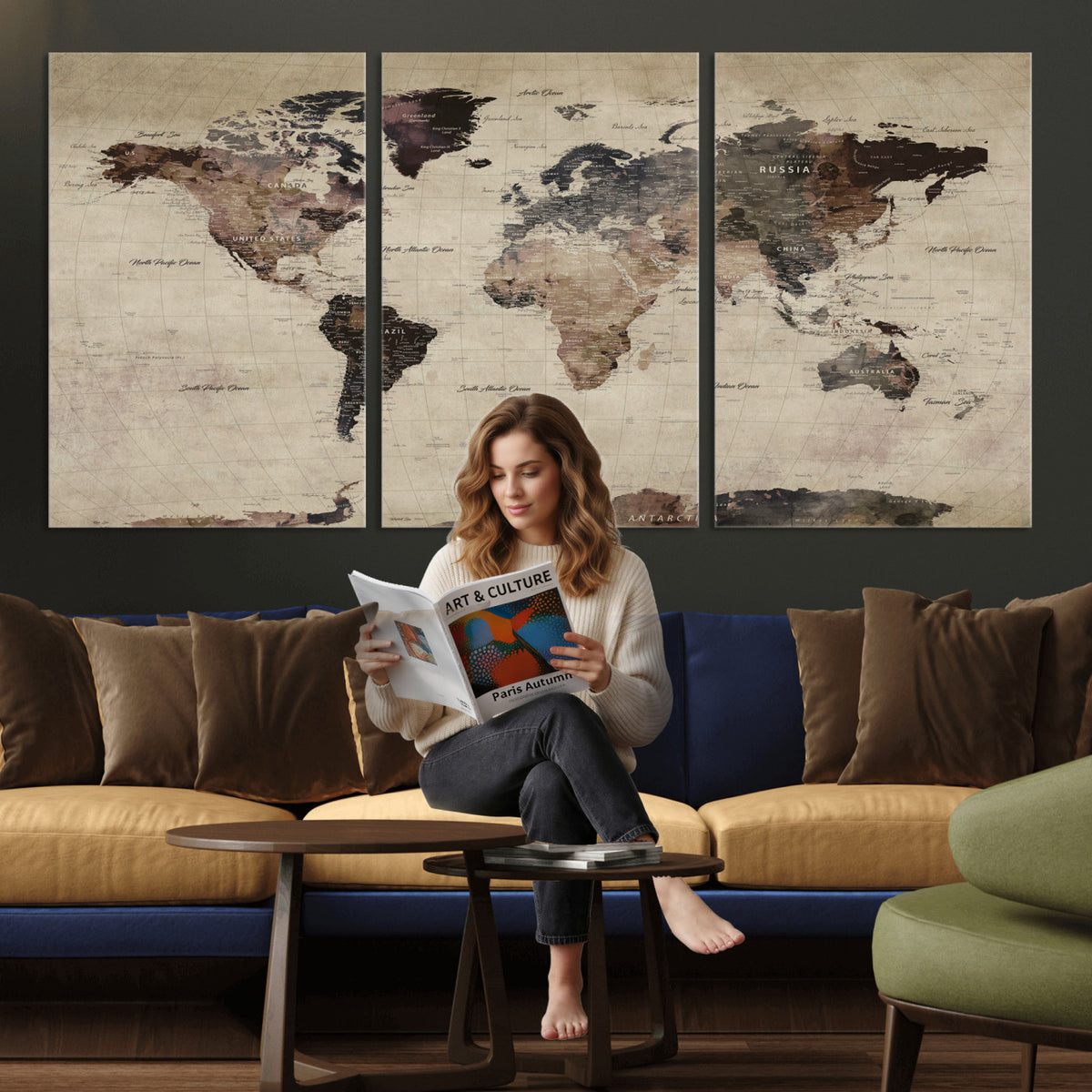 60560672-MGV-CV-36X24 - World Map Wall Art Canvas Print, Modern Decorative Framed Map Artwork Prints for Living Room, Office, Bedroom Wall Decor
