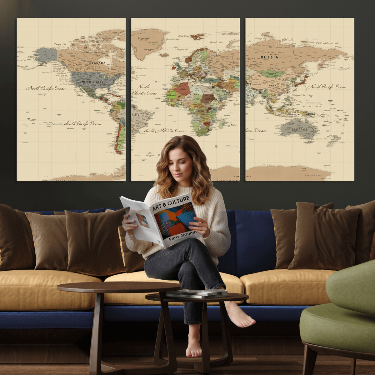 31407854-MGV-CV-36X24 - World Map Wall Art Canvas Print, Modern Decorative Framed Map Artwork Prints for Living Room, Office, Bedroom Wall Decor