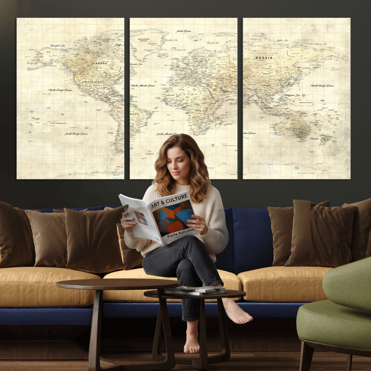 17101439-MGV-CV-36X24 - World Map Wall Art Canvas Print, Modern Decorative Framed Map Artwork Prints for Living Room, Office, Bedroom Wall Decor