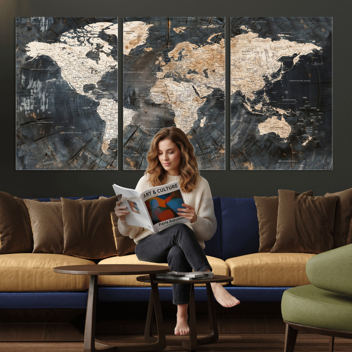 89162112-MGV-CV-36X24 - World Map Wall Art Canvas Print, Modern Decorative Framed Map Artwork Prints for Living Room, Office, Bedroom Wall Decor