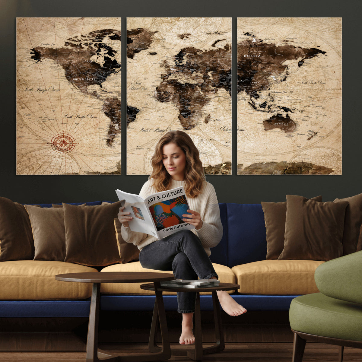 47657418-MGV-CV-36X24 - World Map Wall Art Canvas Print, Modern Decorative Framed Map Artwork Prints for Living Room, Office, Bedroom Wall Decor