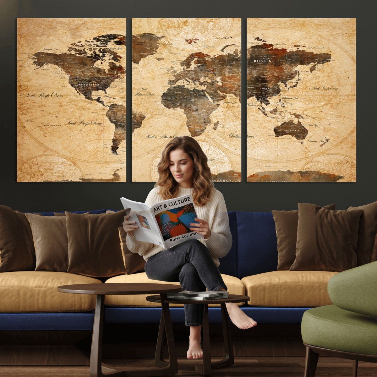 63156625-MGV-CV-36X24 - World Map Wall Art Canvas Print, Modern Decorative Framed Map Artwork Prints for Living Room, Office, Bedroom Wall Decor