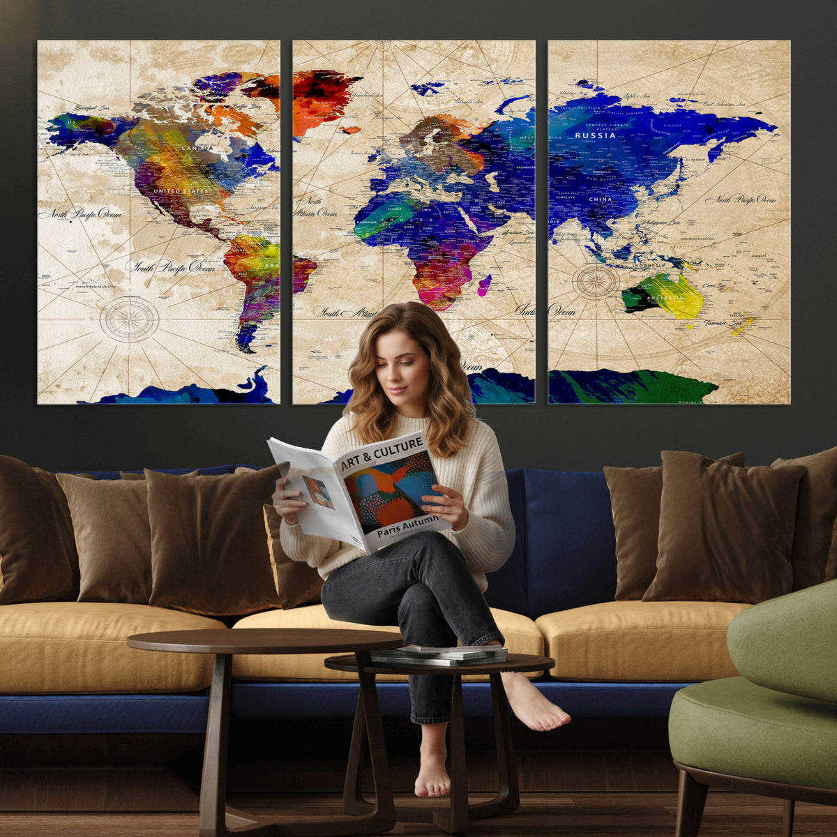 26284075-MGV-CV-36X24 - World Map Wall Art Canvas Print, Modern Decorative Framed Map Artwork Prints for Living Room, Office, Bedroom Wall Decor