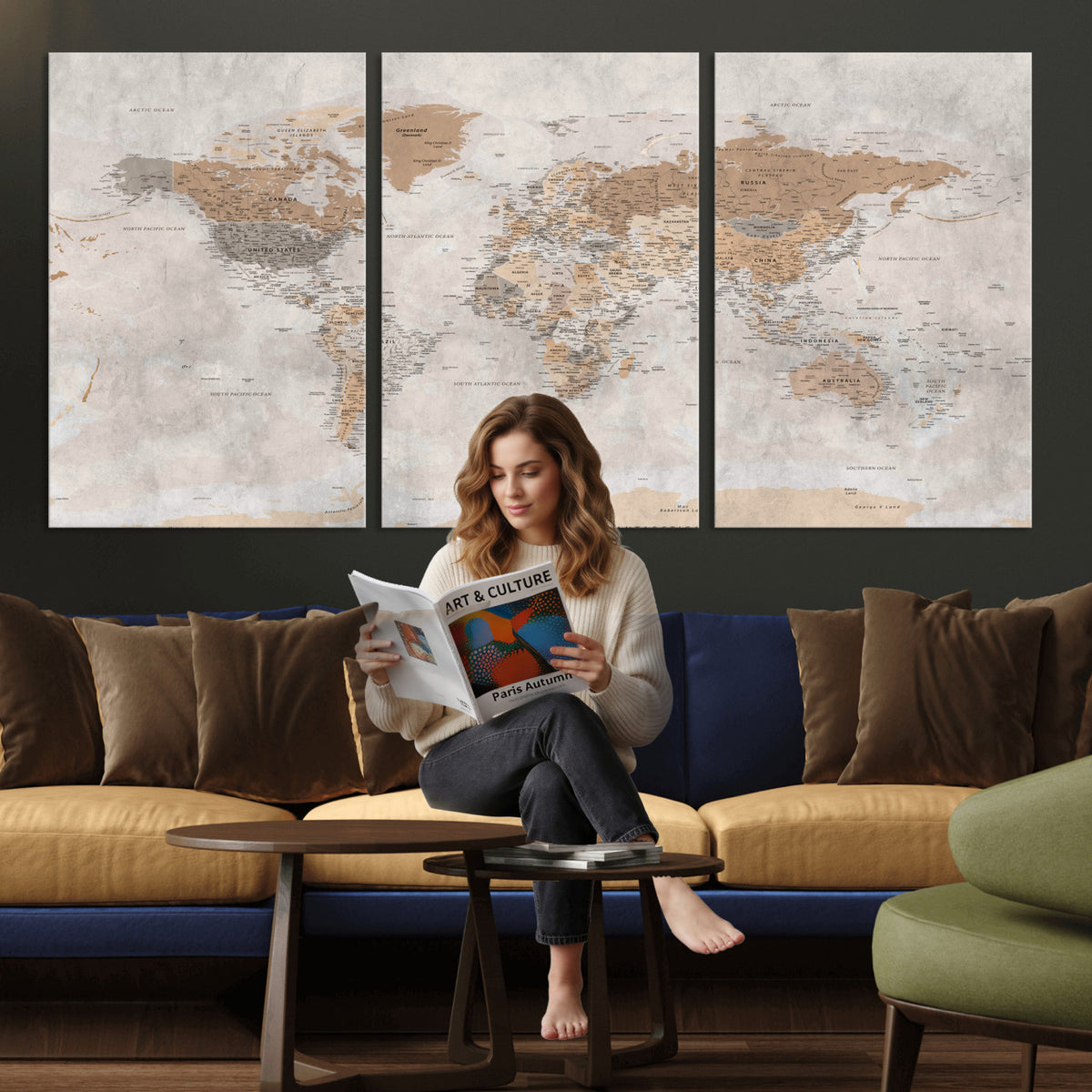 34051638-MGV-CV-36X24 - Detailed World Map Wall Art Canvas Print for Home and Office Decor