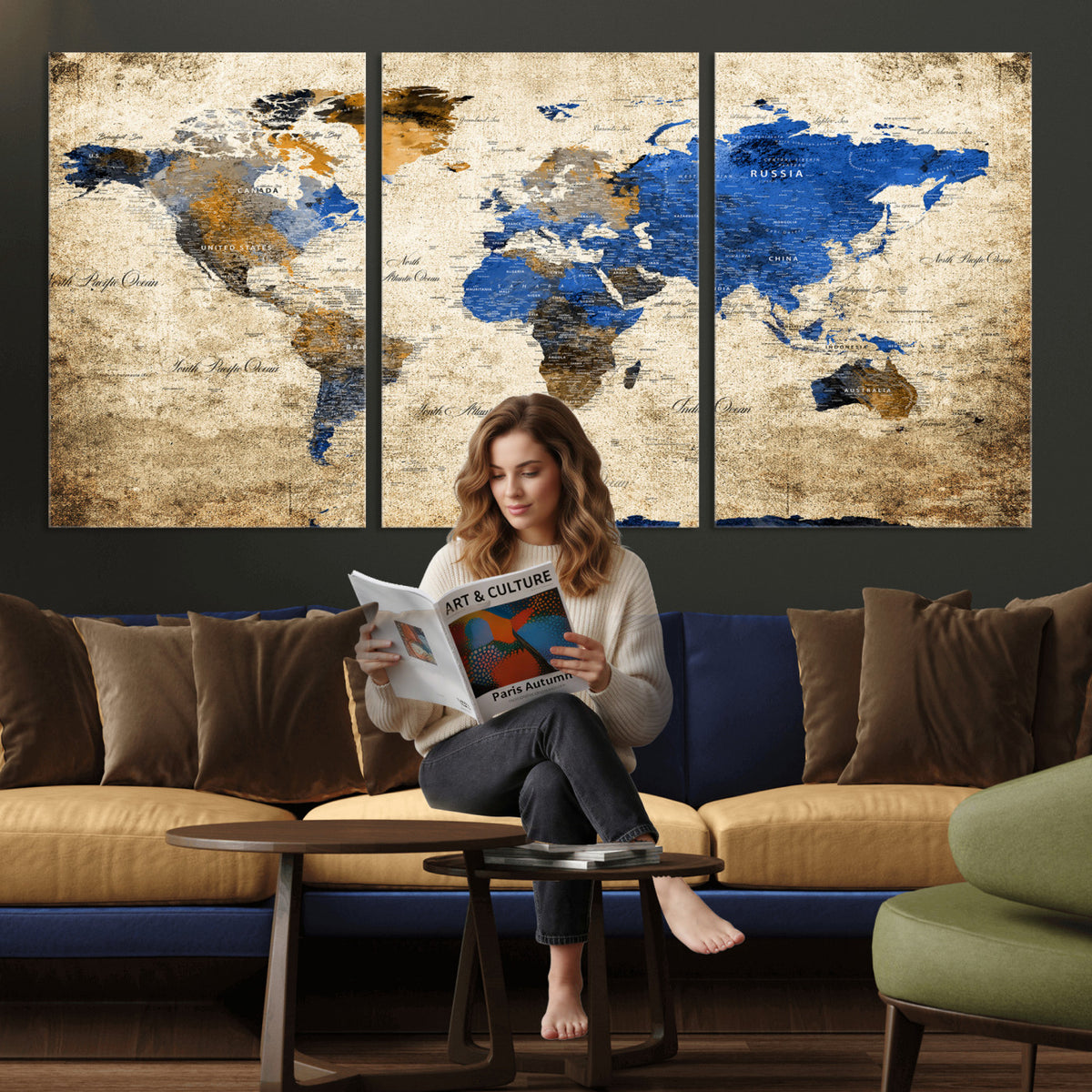 27314341-MGV-CV-36X24 - World Map Wall Art Canvas Print, Modern Decorative Framed Map Artwork Prints for Living Room, Office, Bedroom Wall Decor