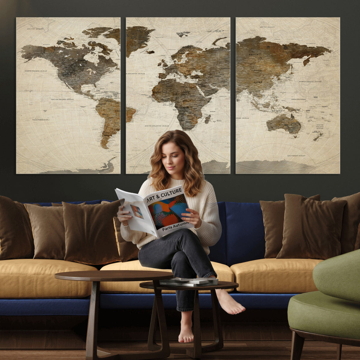 49623468-MGV-CV-36X24 - World Map Wall Art Canvas Print, Modern Decorative Framed Map Artwork Prints for Living Room, Office, Bedroom Wall Decor