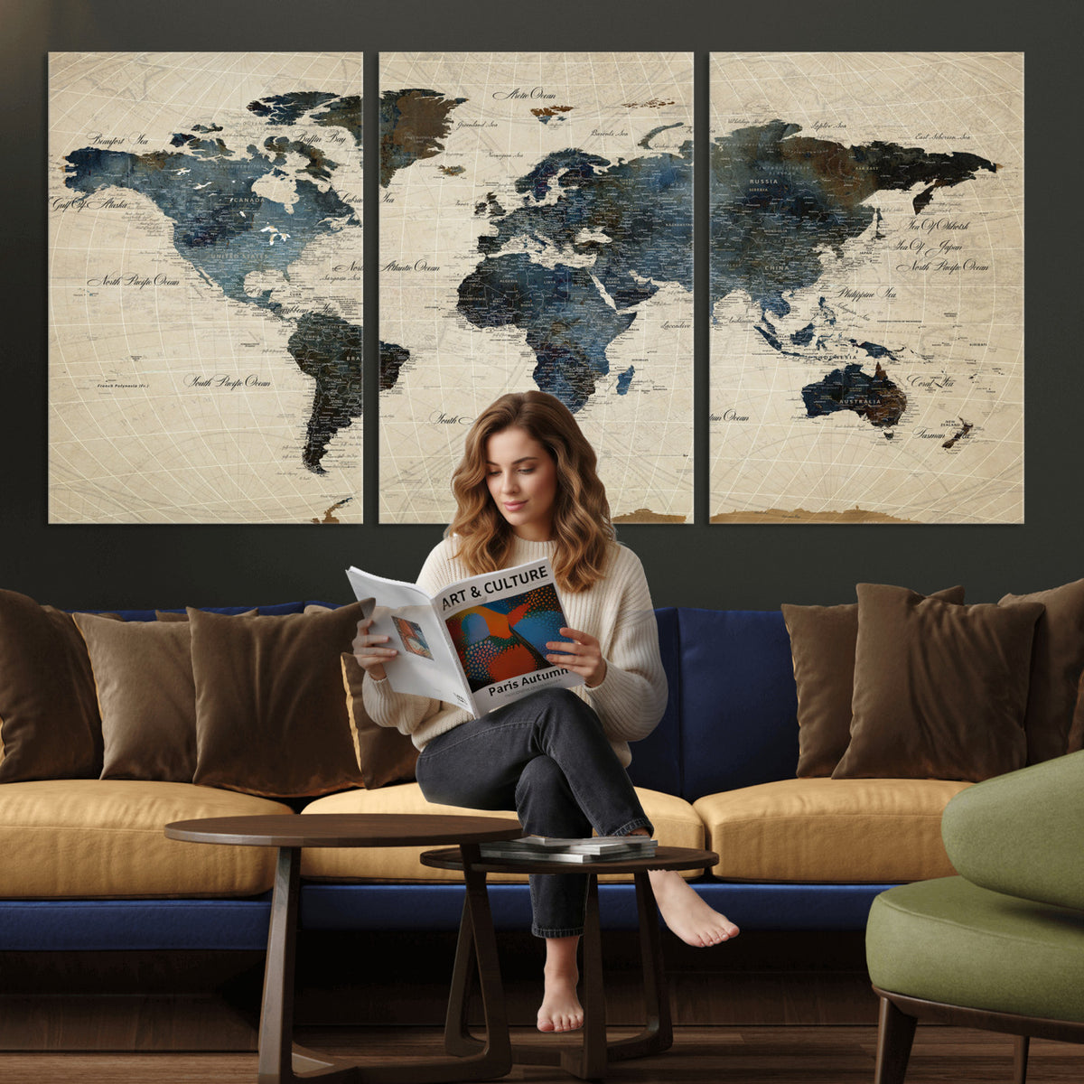 72927803-MGV-CV-36X24 - World Map Wall Art Canvas Print, Modern Decorative Framed Map Artwork Prints for Living Room, Office, Bedroom Wall Decor