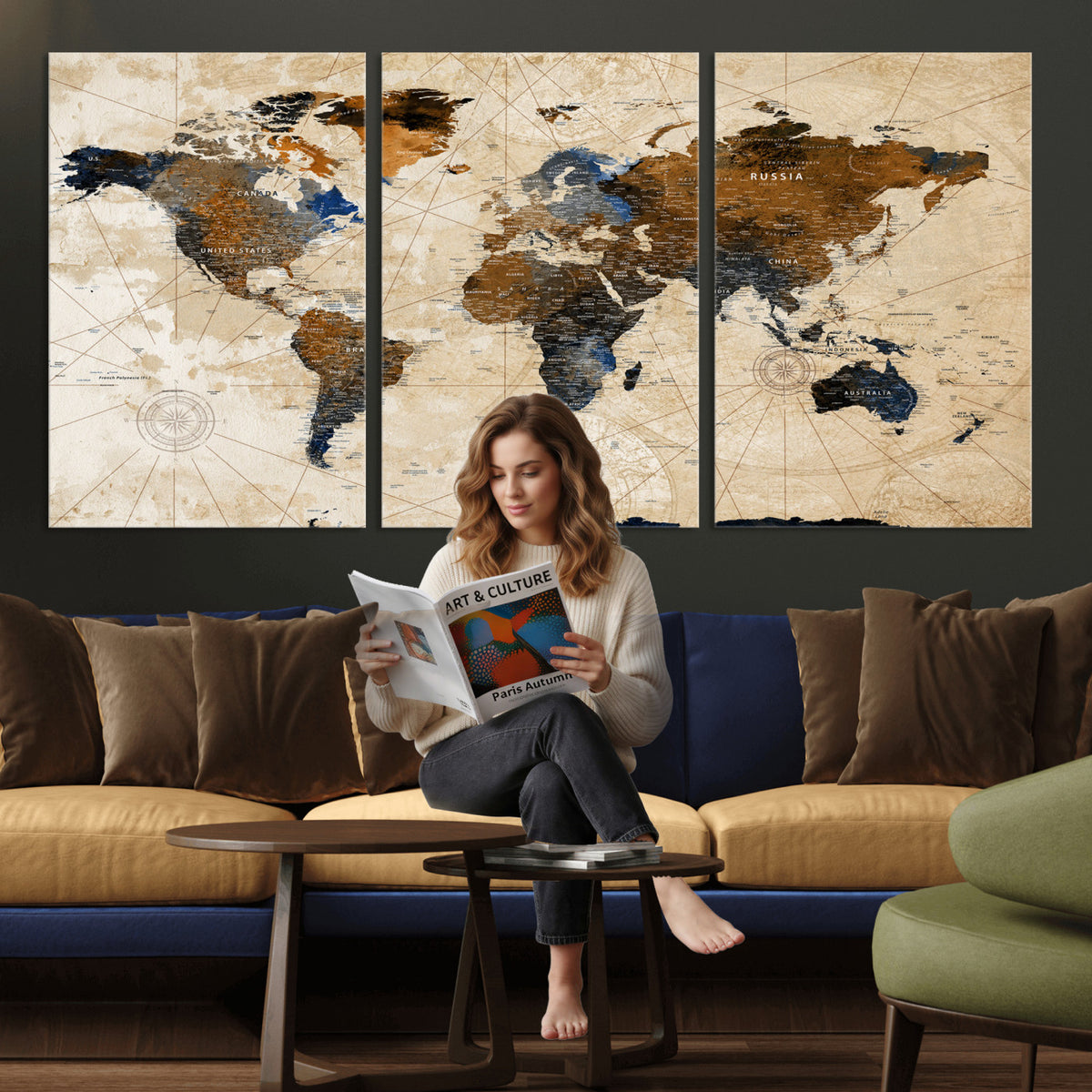 15727090-MGV-CV-36X24 - World Map Wall Art Canvas Print, Modern Decorative Framed Map Artwork Prints for Living Room, Office, Bedroom Wall Decor