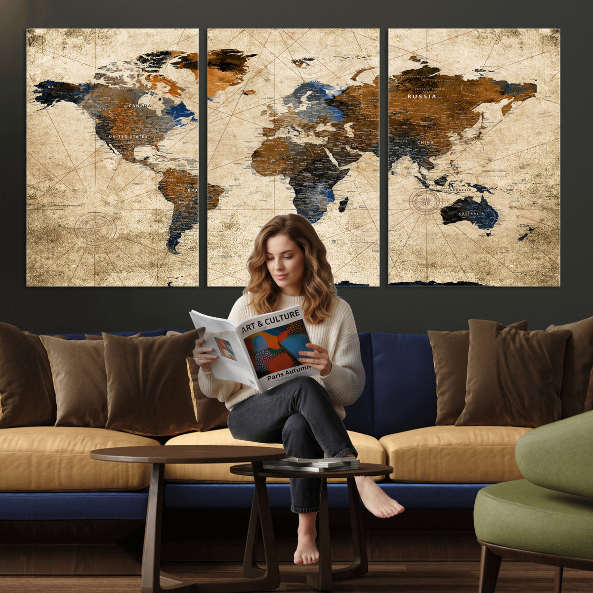 27163414-MGV-CV-36X24 - World Map Wall Art – Rustic Earth Tone Canvas Print, Antique