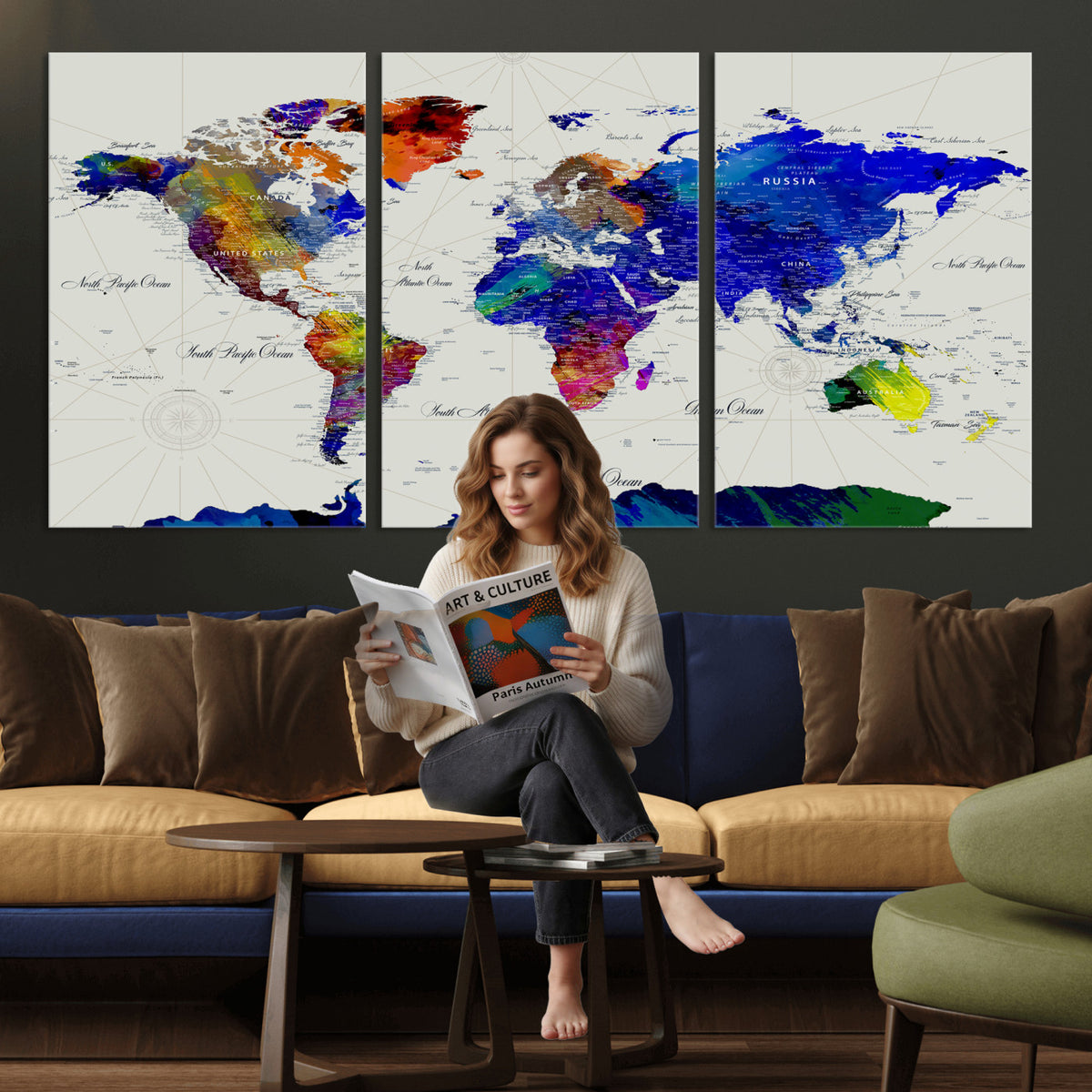 49670038-MGV-CV-36X24 - World Map Wall Art Canvas Print, Modern Decorative Framed Map Artwork Prints for Living Room, Office, Bedroom Wall Decor