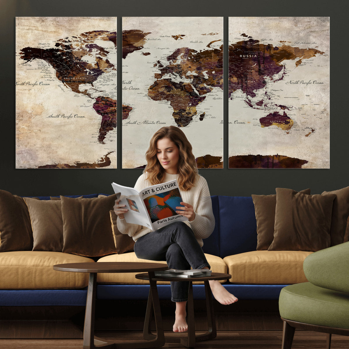 50611123-MGV-CV-36X24 - World Map Canvas Triptych | Colorful Global Wall Art for Living Rooms
