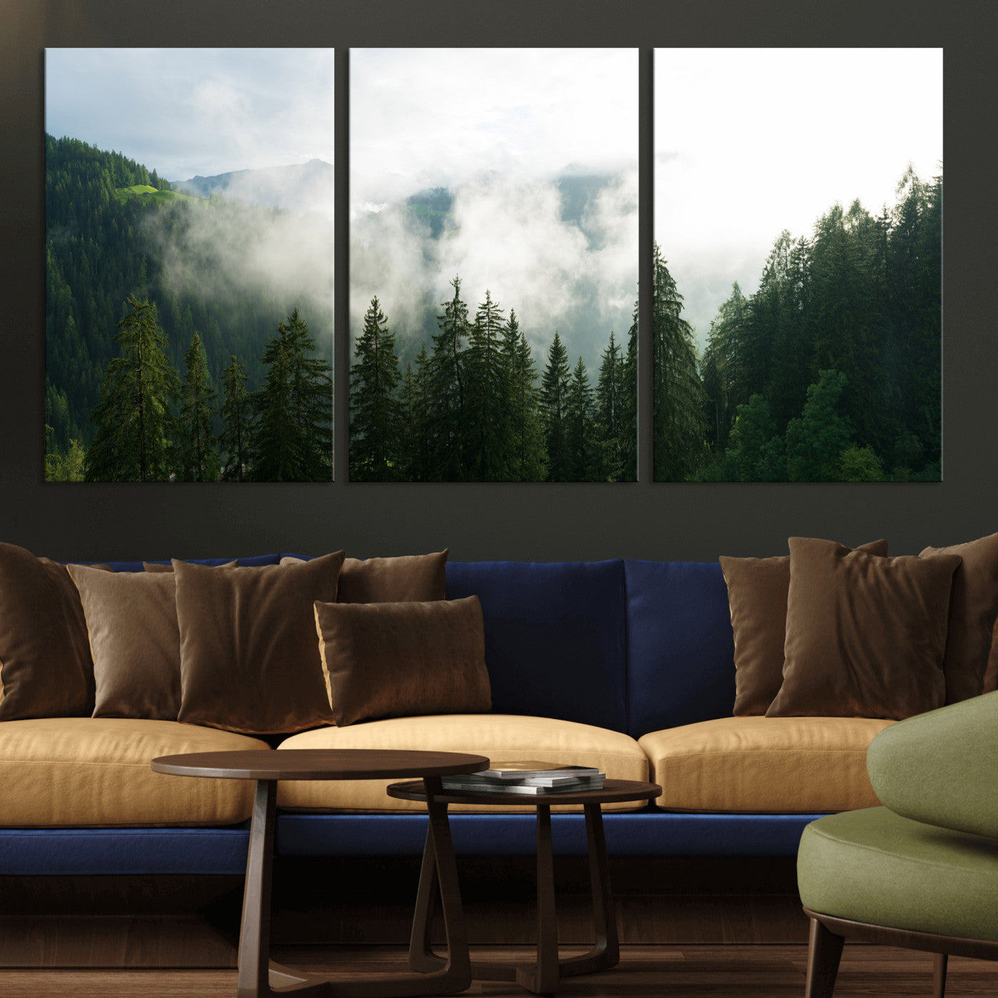 67174129-MGV-CV-36X24 - Misty Mountain Forest Canvas Print, Foggy Pine Trees Nature Wall Art, Framed Canvas Ready to Hang