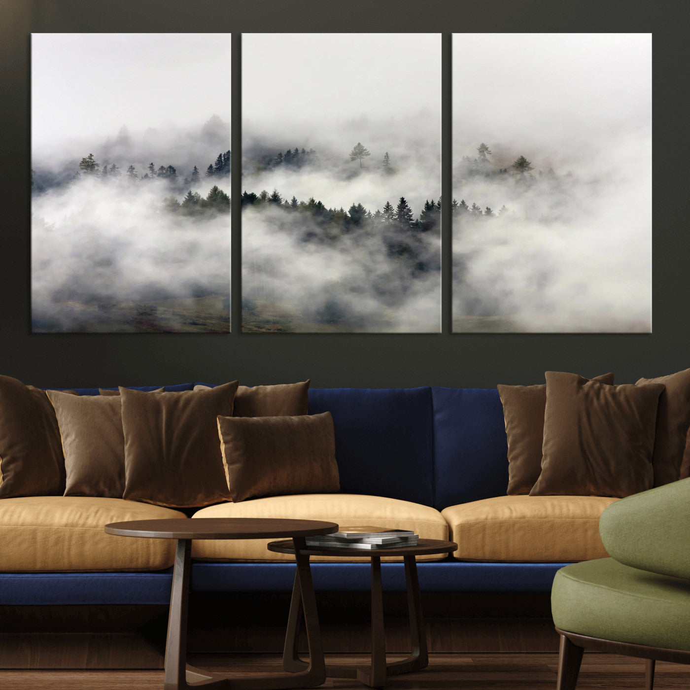 63235457-MGV-CV-36X24 - Foggy Forest Wall Art Canvas Print, Misty Pine Tree Landscape Wall Art Print, Framed Wall Art Ready to Hang