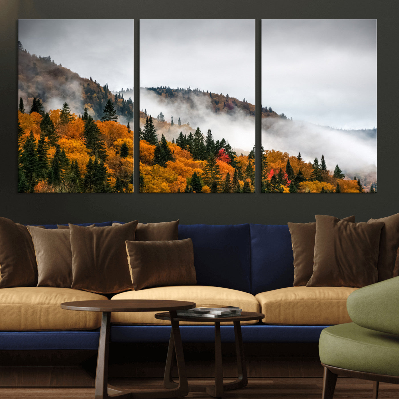 93581632-MGV-CV-36X24 - Autumn Forest Wall Art Canvas Print, Foggy Mountain Landscape Nature Photography, Framed Wall Art Ready to Hang