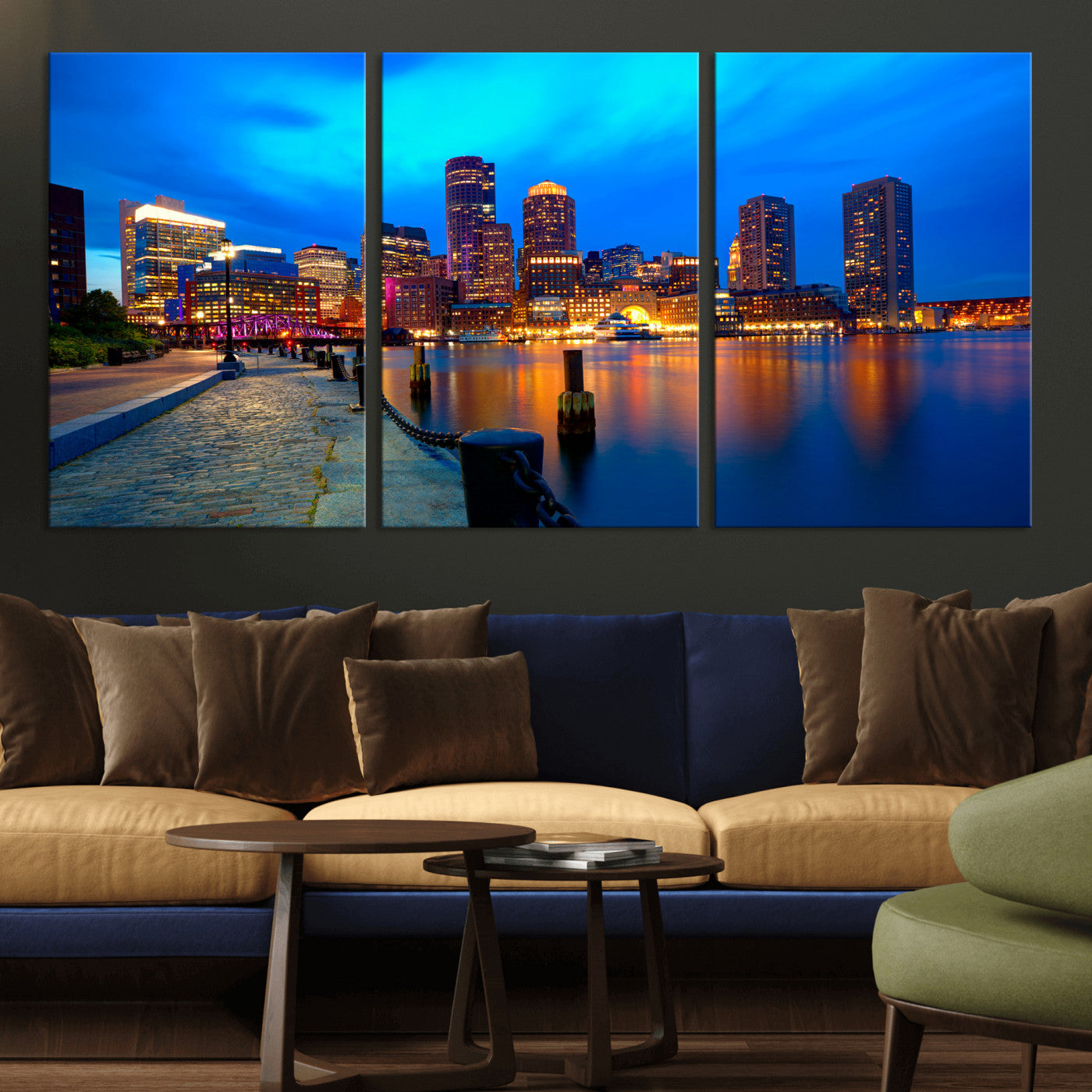 69619565-MGV-CV-36X24 - Boston Wall Art Canvas Print, Boston City Downtown Night Cityscape Print for Modern Urban Wall Decor