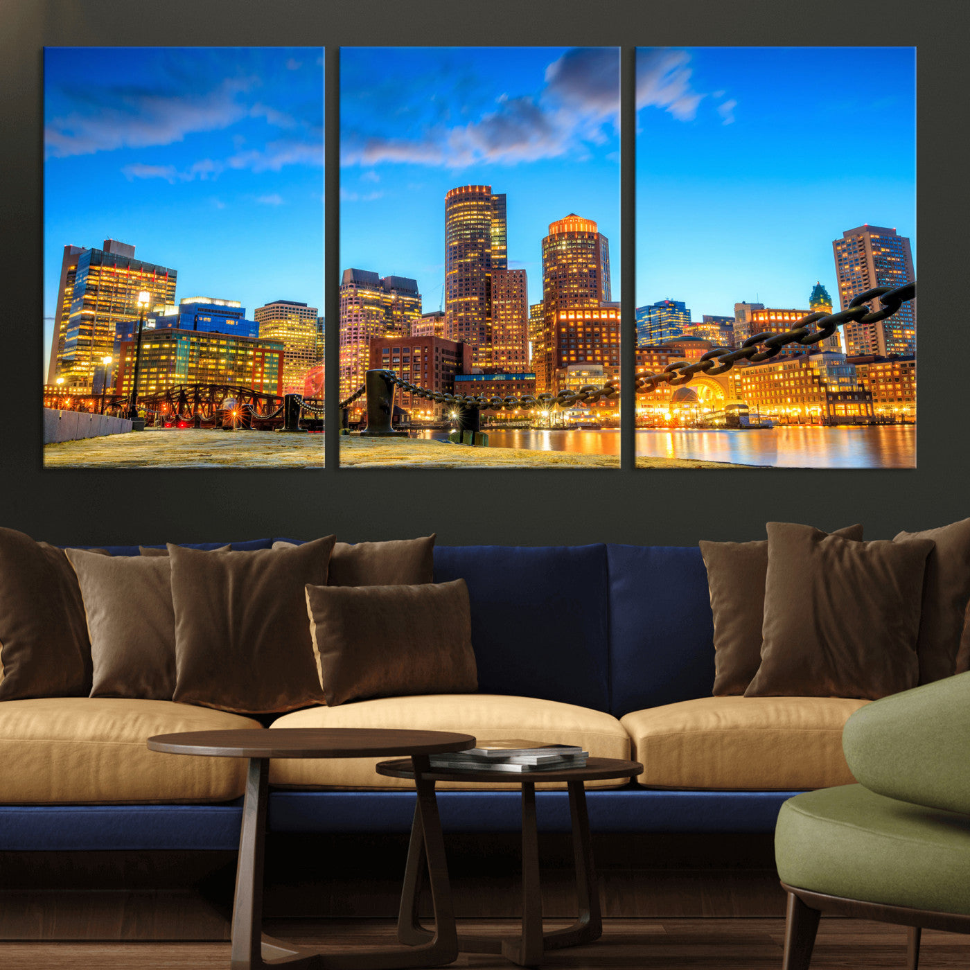 46736409-MGV-CV-36X24 - Boston Wall Art Canvas Print, Boston City Downtown Night Cityscape Print for Modern Urban Wall Decor
