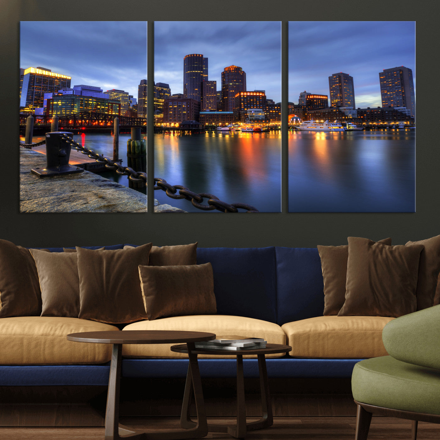 82439622-MGV-CV-36X24 - Boston Wall Art Canvas Print, Boston City Downtown Night Cityscape Print for Modern Urban Wall Decor
