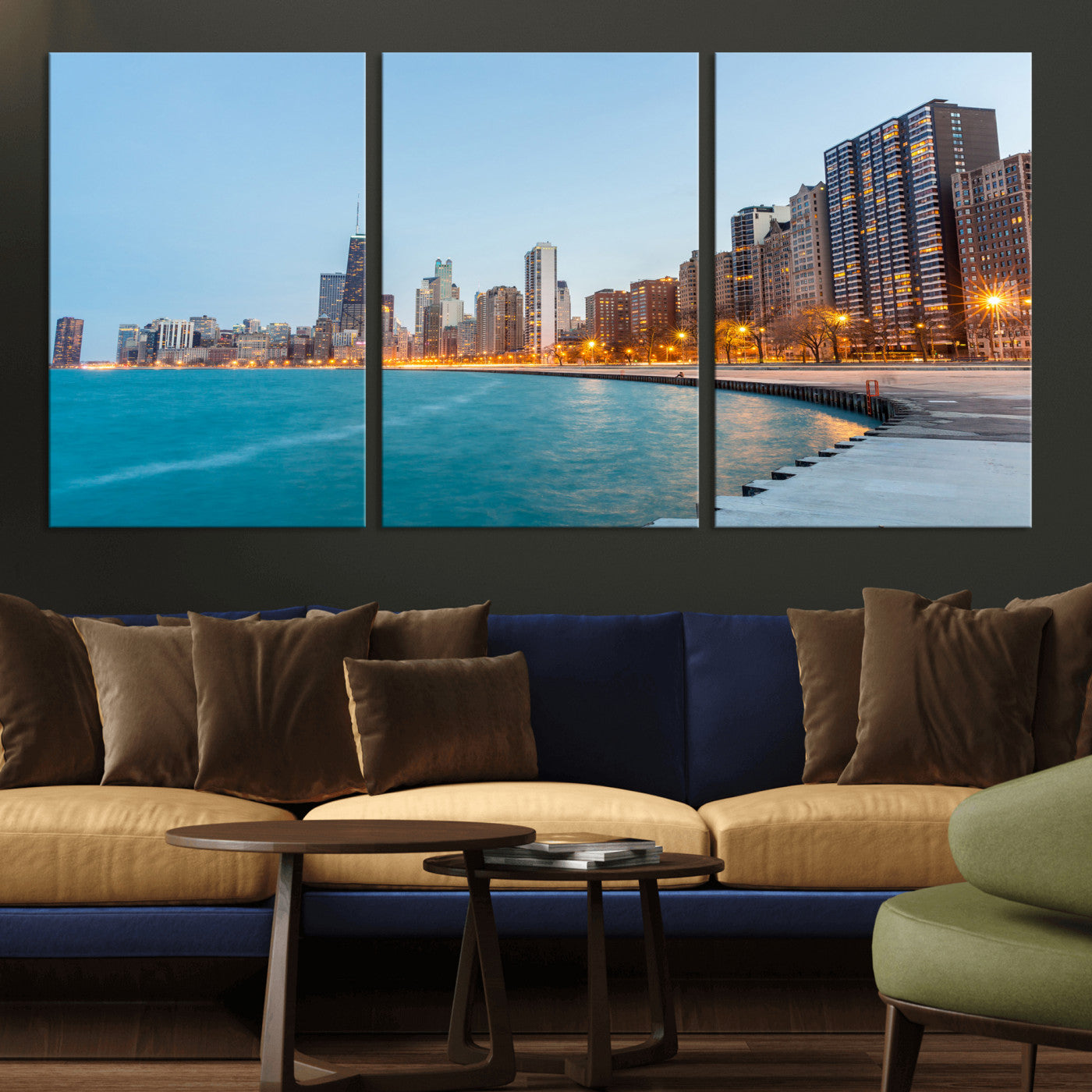 66780141-MGV-CV-36X24 - Chicago Wall Art Canvas Print, Chicago City Downtown Night Cityscape Print for Modern Urban Wall Decor