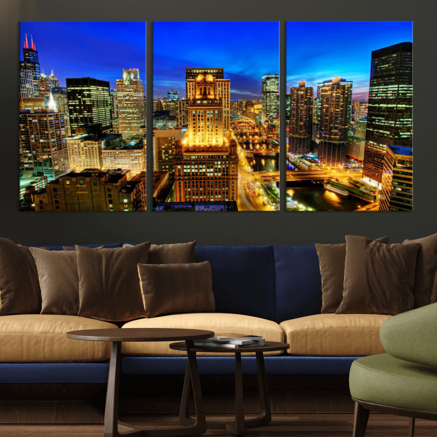 46298885-MGV-CV-36X24 - Chicago Wall Art Canvas Print, Chicago City Downtown Night Cityscape Print for Modern Urban Wall Decor