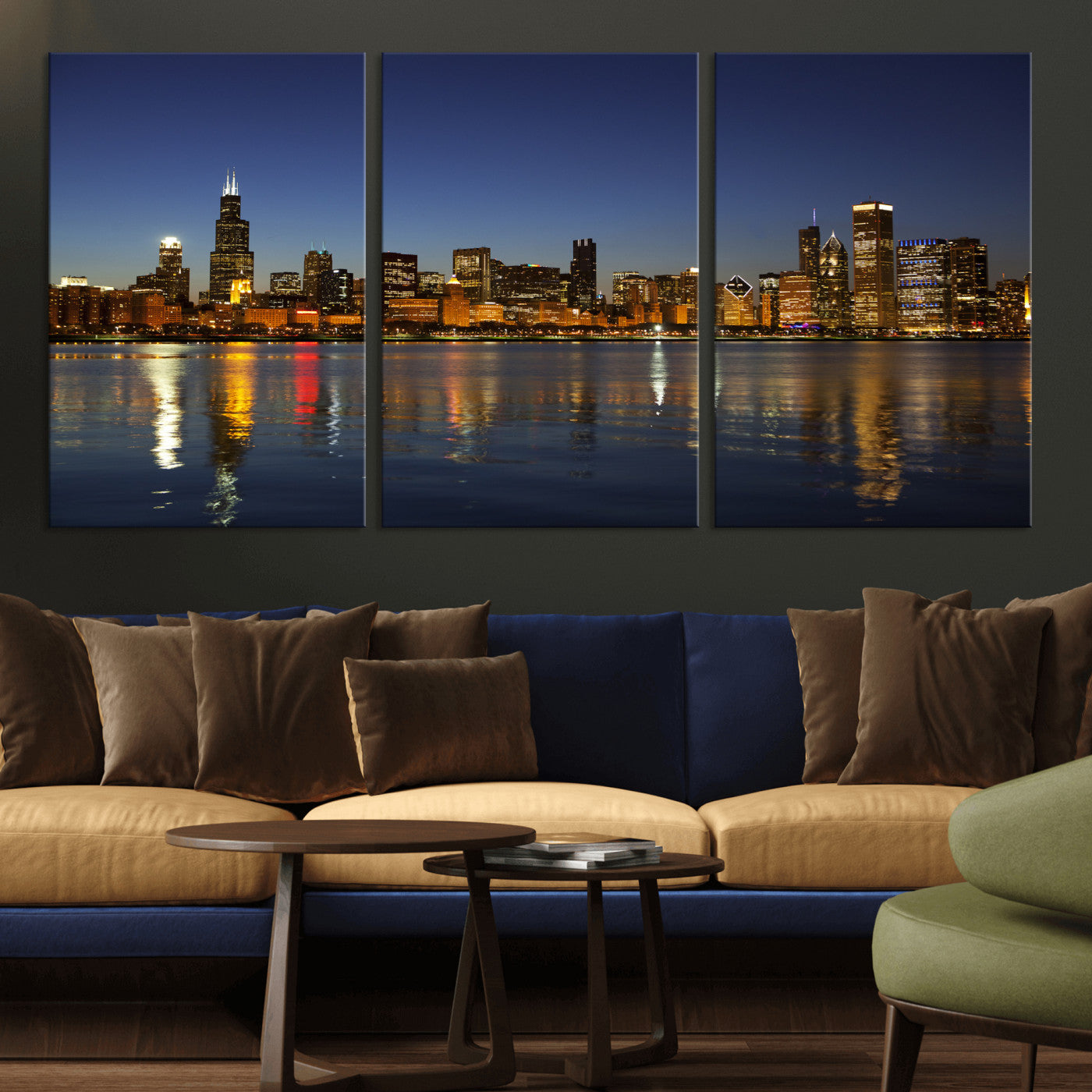 67308035-MGV-CV-36X24 - Chicago Wall Art Canvas Print, Chicago City Downtown Night Cityscape Print for Modern Urban Wall Decor